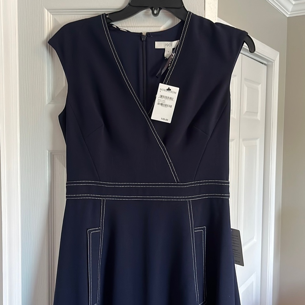 Navy blue contrast stitch midi dress size 4 new with tags